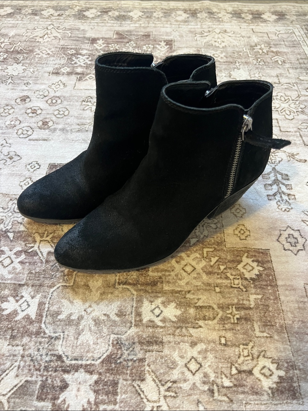 Frye Black Suede Ankle Heel Boots with Side Zip Detail